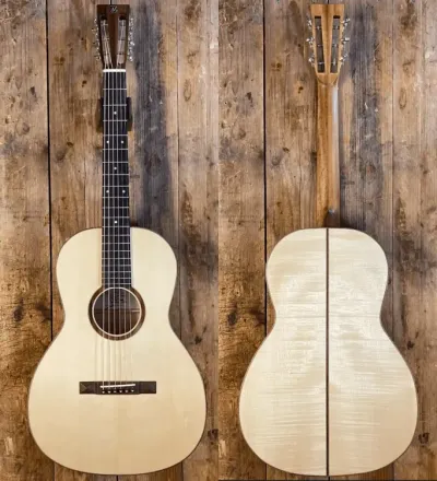 Front and back views of a light wood acoustic guitar with a natural finish.