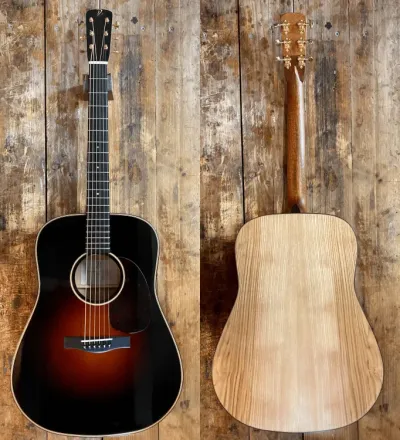 Front and back views of a sunburst acoustic guitar with a light wood back.