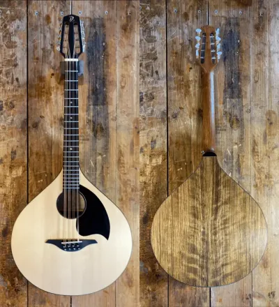 Front and back views of a light wooden stringed instrument with a dark fretboard.