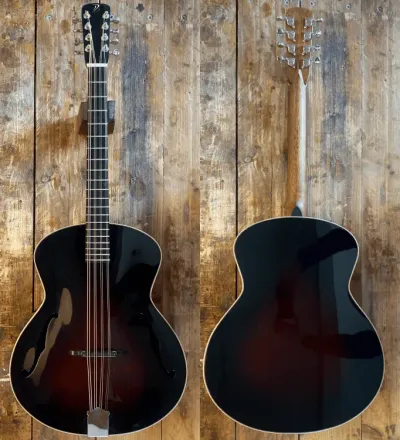 Front and back views of a vintage-style acoustic guitar with a dark sunburst finish.