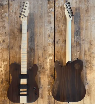 Front and back views of a handcrafted dark wood electric guitar with a light wood neck.